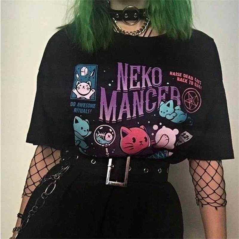 Neko Mancer T-Shirt Unisex Cute Aesthetic Grunge Black Tee Satantic Gothic Clothing Witch Shirt 210406