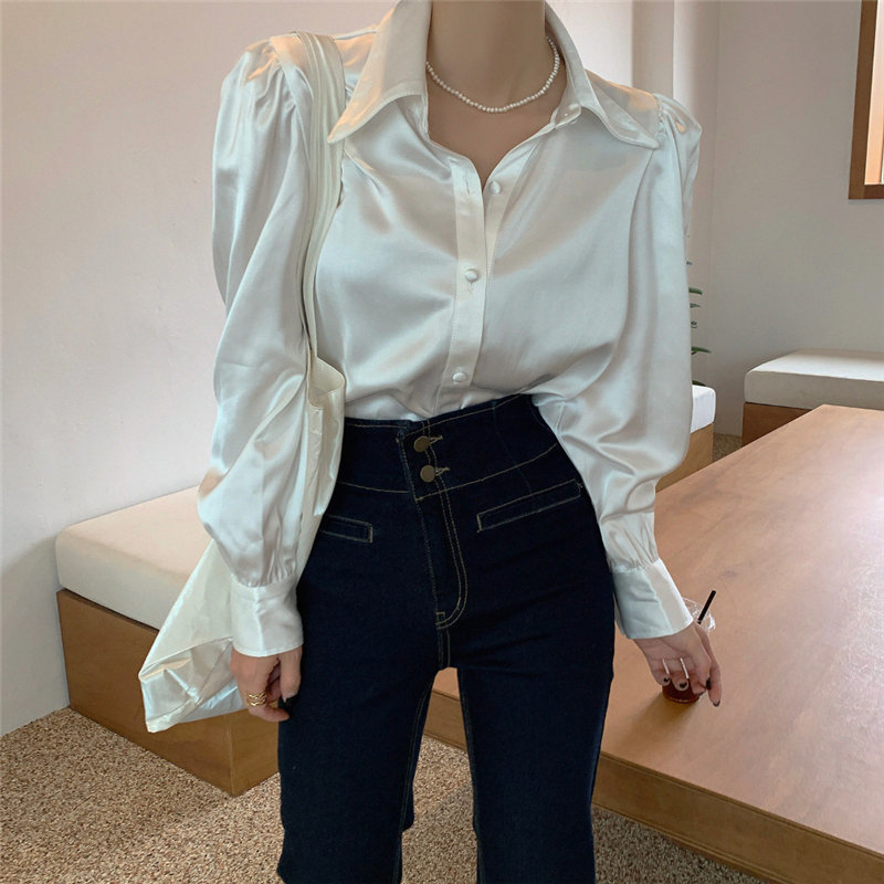 Beige Satin Puff Sleeves Chic Solid Office Lady Women Blouses OL Elegant Shirt Loose Tops Female 210421