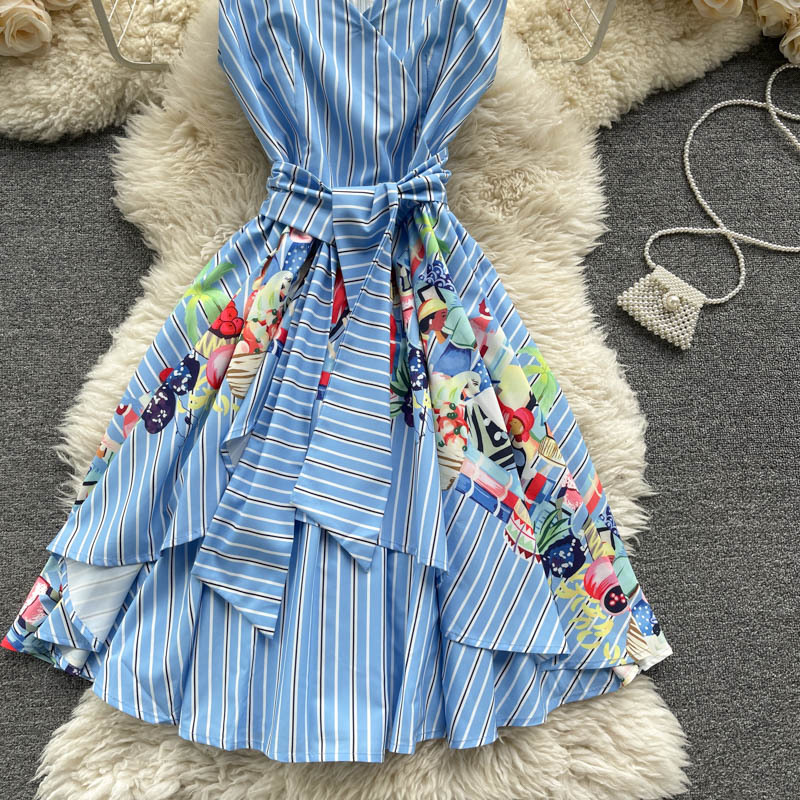 Summer Chic Irregular Ruffles Short Dress Women Retro Stripe Tank Dress Korean Fashion V Neck Sleeveless A-line Dress 210521