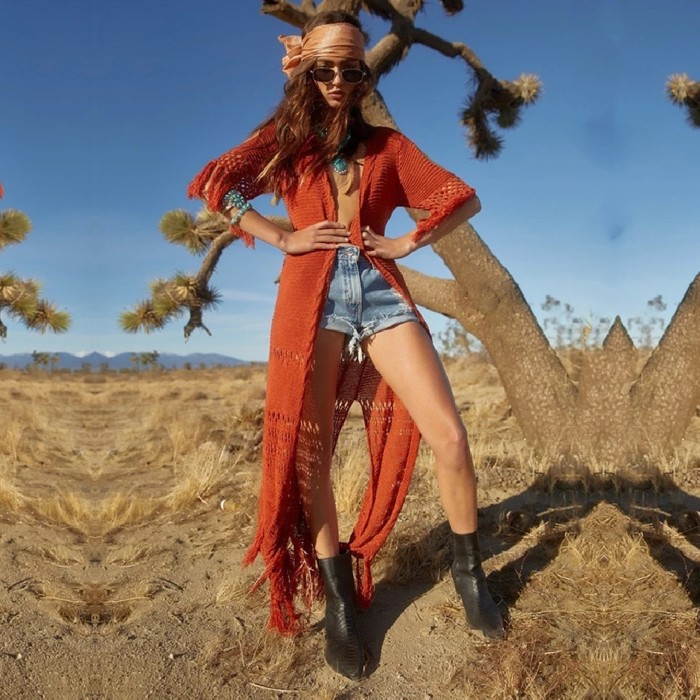 Women Crochet Beach Cover up Knit Long Kaftan Tunics for Swimsuit cover Robe Plage Tassel Bathing suit #Q451 210420