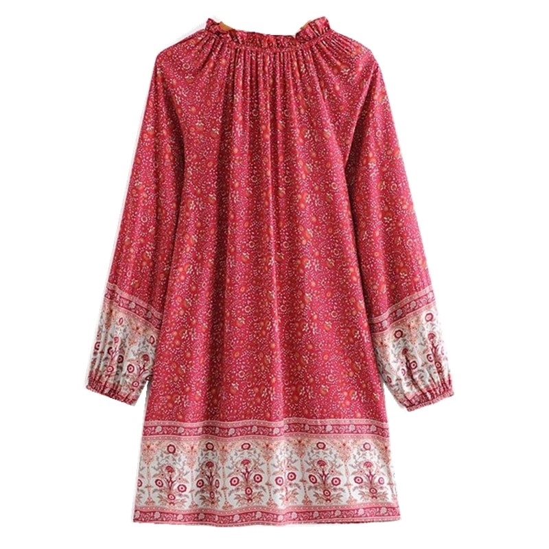 Bohemia Lacing up Bandage Wood Ear V Neck Floral Print Long Sleeve Dress Holiday Hippie Women Loose Straight Short Dresses 210429