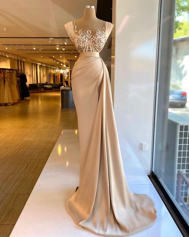 Elegant Real Image Champagne Lace Satin Mermaid Formal Evening Dresses Overskirt Train Plus Size Prom Party Gowns For African Women