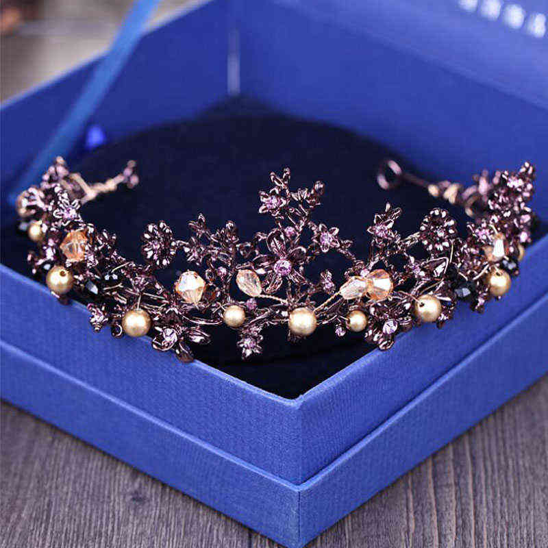 Baroque Vintage Purple Crystal Wedding Bridal Tiaras Hairband Headpiece Black Princess Pageant Crown Hair Accessories 211109