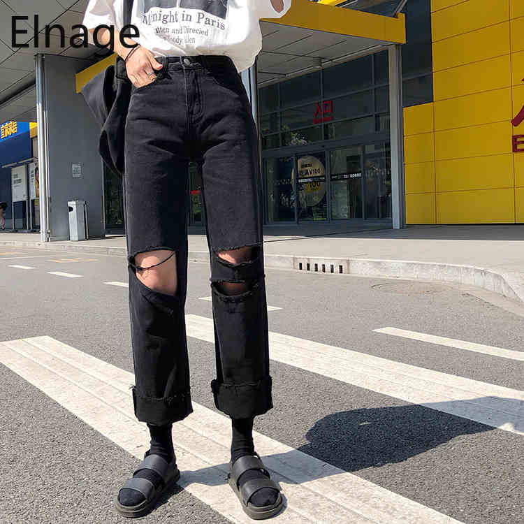 Pantalon Black Hole Jeans Women Straight Loose Korean High Waist Denim Pants Slim Wide Leg Trousers Ripped 5B137 210429