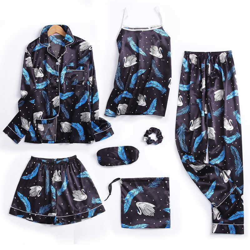 Pajamas Suit Print Women Sleepwear Satin Casual 7PCS Sleep Set Intimate Lingerie Novelty Nightwear Pyjamas Homewear Q0706