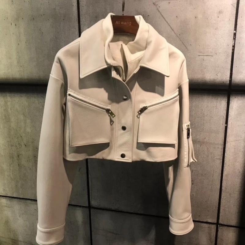 Elegant Genuine Designer Leather Jacket Women Office Lady Slim Sheepskin Coat Autumn Streetwear Pockets White Short Outerwear Women's & Faux