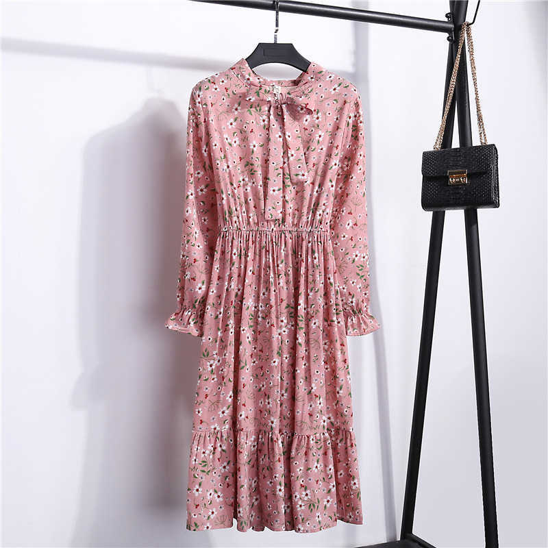 Floral Print Women Dress Female Autumn Long Sleeve Vintage Chiffon Bow Tie Neck Office Lady Shirt Dress Summer Vestidos 210630