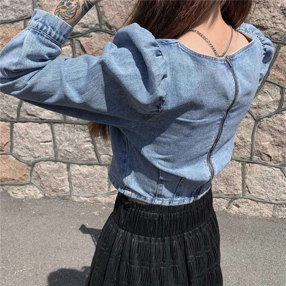 Denim Jeans Cropped Tops Women Back Zipper V-Neck Blouse Plus Size Crop Top Autumn Long Sleeve Street Wear Short Shirts 210601