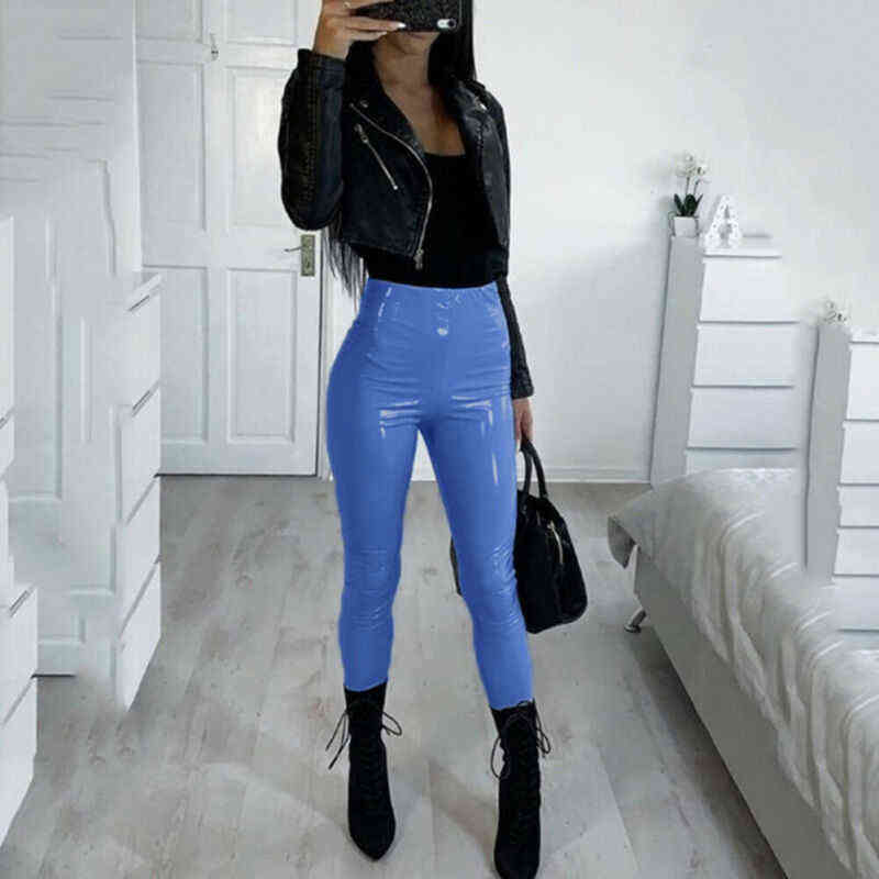 Sexy Women Gothic Leggings Wet Look PU Leather Black Slim Thin Long Pants Ladies Skinny Stretchy Plus Size 211204