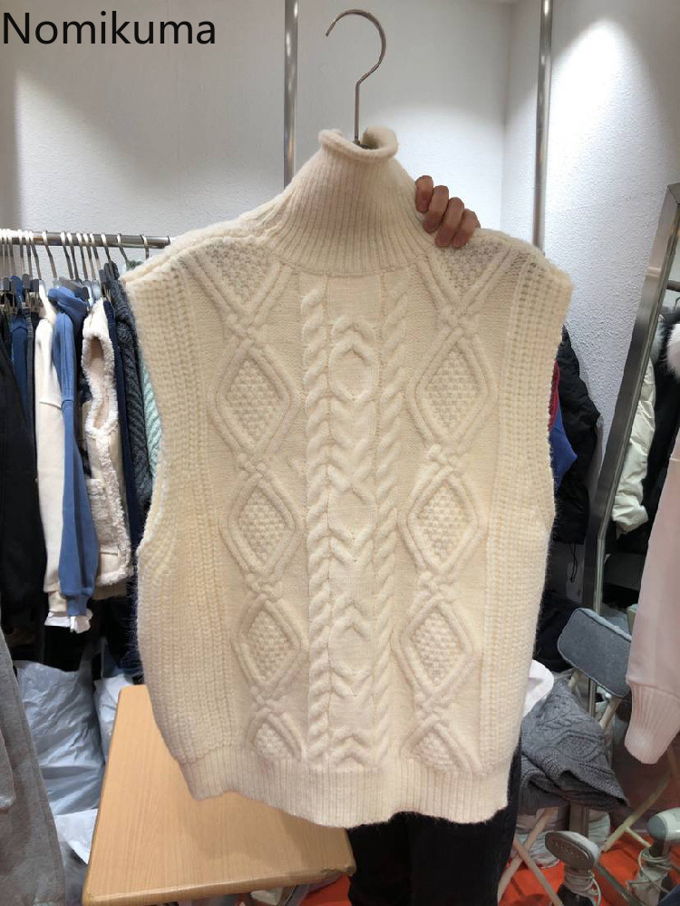 Nomikuma Korean Knitted Sleeveless Turtleneck Vest New Twisted Pullover Sweater Women Fashion Causal Top Jumper 6D912 210427