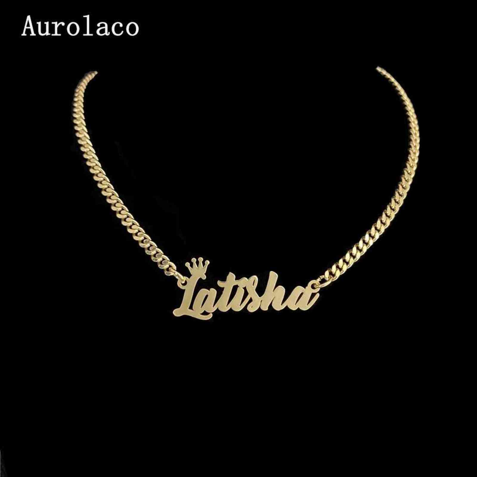 AurolaCo Custom Name Necklaces with Crown Cuban Chain Necklaces Stainless Steel Custom Letter Necklace For Women Gift 211123