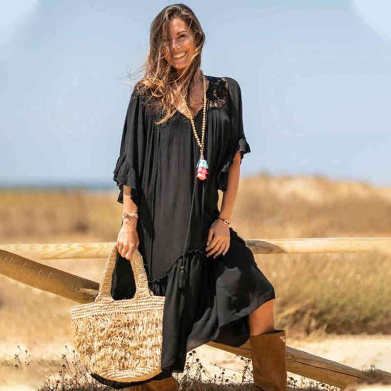Casual Bikini Cover-ups Black Cotton Tunic Summer Beach Dress Women Plus Size Wear Swim Suit Cover Up Robe de plage Q1157 210420