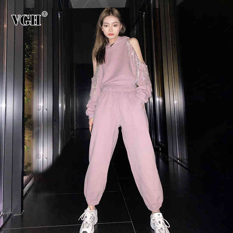 VGH Loose Patchwork Tassel Set For Women Hooded Collar Off Shoulder Tops High Waist Casual Pants Female Sets Spring Tide 210421