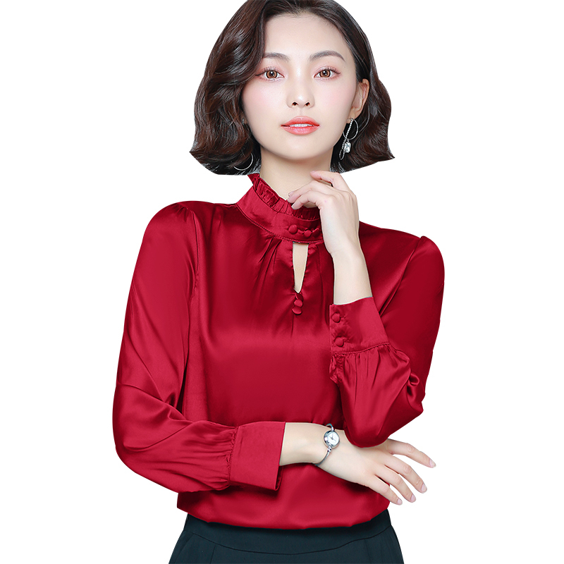 Fashion Long Sleeve Silk Blouse Solid Stand Women Tops and Style Clothing Loose Pluse Size Shirt Streetwear 8322 50 210506