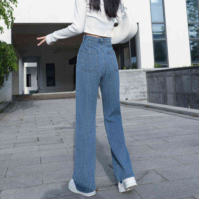 Jacquard Blue Women Pants Casual Striped Retro Basic Straight Loose Plus Size Jeans Y2K Fashion Trendy Ladies Trousers 211129