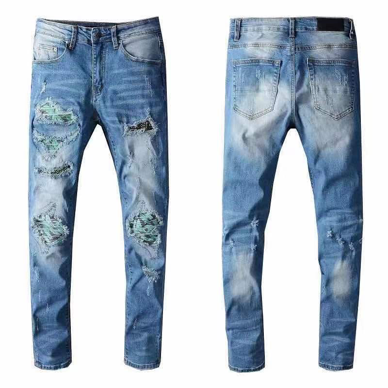 European and American summer hip-hop high-street fashion brand jeans, washable retro torn fold stitching men's designer motorcycle slim, Blue
European and American summer hip-hop high-street fashion brand jeans, washable retro torn fold stitching men's designer motorcycle slim, Blue