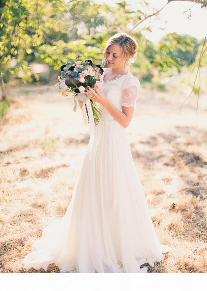 Country Wedding Dresses Bridal Gown Custom Made Plus Size Chiffon Lace Short Sleeves Scalloped V Neck Sweep Train Ruched Pleats Ves De Novia 403 Es Es