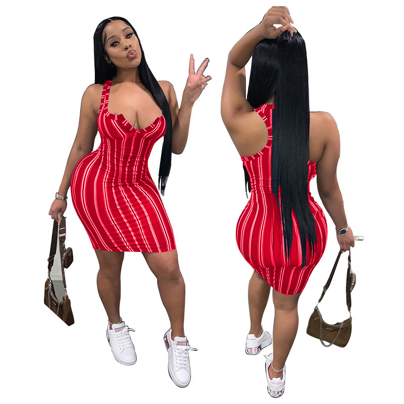 Women Summer Cause Dress Designer Fashion Sexy V-neck Casual Simple Striped Printed Sleeveless Vest Short Skirt