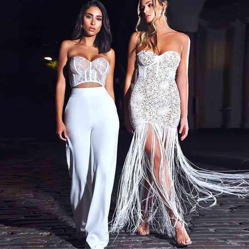 Summer Strapless Long Fringe Dress Night Party Lace Ladies Bodycon Fringed White Maxi Vestido 210525