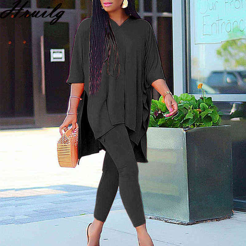 Fall Clothes for Women 2 Peice Sets Half Sleeve V Neck Oversize Tops Pencil Pants Set Solid Autumn Sweat Suits Fashion Outfits 211105