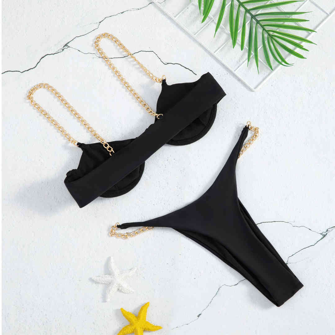 Sexy Ring Chain Bikini Set High Cut Bathing Suit Thong Swimwear Women Push Up Swimsuit Female Fashion Bathers Biquini Black 210520