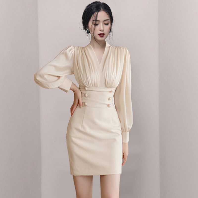 Women Office OL Full Sleeve Mini Pencil Work Dresses High Waist Patchwork Bodycon Double breasted Slim Dress Vestidos 210518