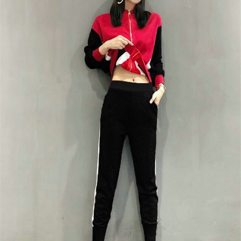 Women's suit autumn and winter models fashion slimming zipper stitching two-color knitted casual sports two pieces 210520, Red and black
Women's suit autumn and winter models fashion slimming zipper stitching two-color knitted casual sports two pieces 210520, Red and black