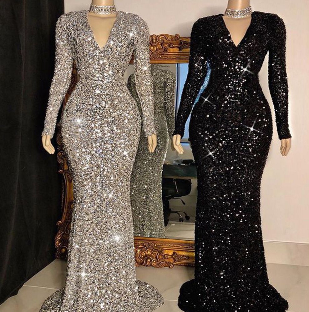 Sunny Sexy Mermaid Prom Dress 2024 V-neck Long Sleeve Sequins Satin African Women Black Girl Evening Formal Gowns For Party Vestidos De Fiesta robe so