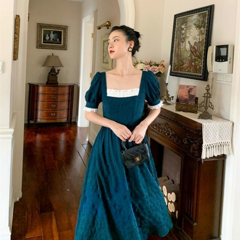 French Retro Long Fairy Dress Women Blue Square Collar Female Puff Sleeve Elegant Dress Summer Ladies Wedding Party Clothes 210331Z