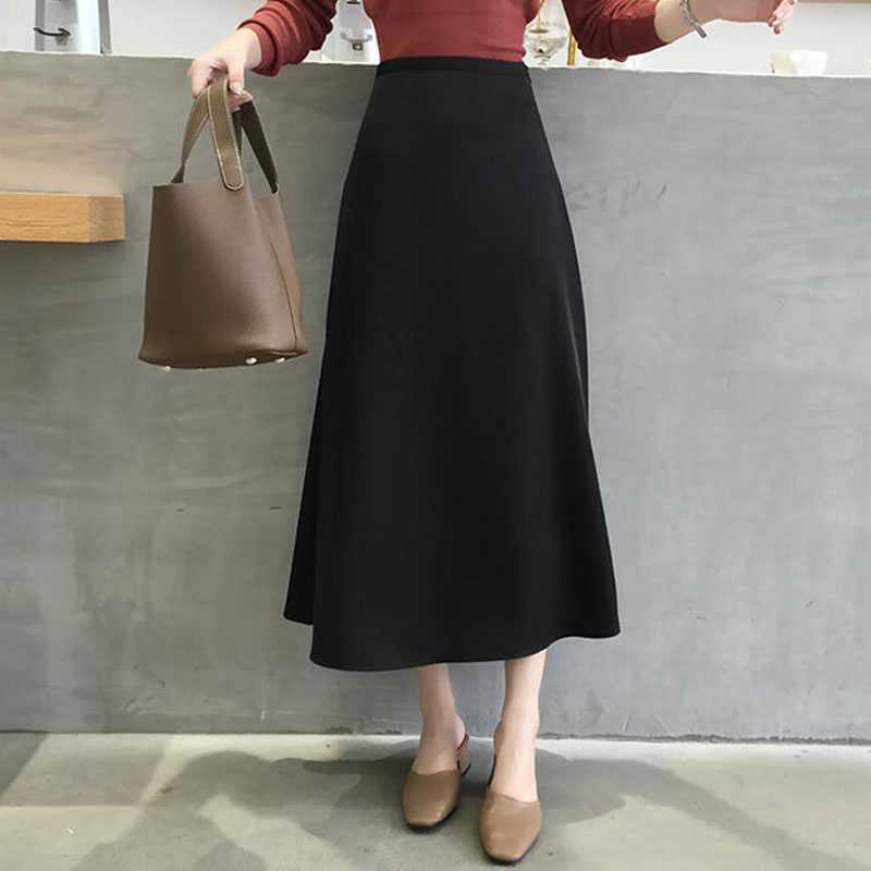 Summer Elegant Women Skirt Ladies Satin Plain Shiny Vintage s Solid Office High Waist Fashion Party s chic 210619