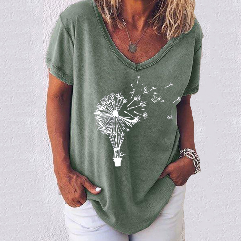 Plus Size Women Dandelion Print T-shirts Casual V-Neck T-shirt Solid Color Short Sleeve Tops Summer Elegant Lady Pullover 5XL 210515