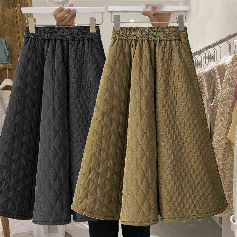 Korea Autumn Winter Women Skirt Elastic High Waist Rhombic Woven Quilted Cotton Solid Color A-Line Elegant Female 211119