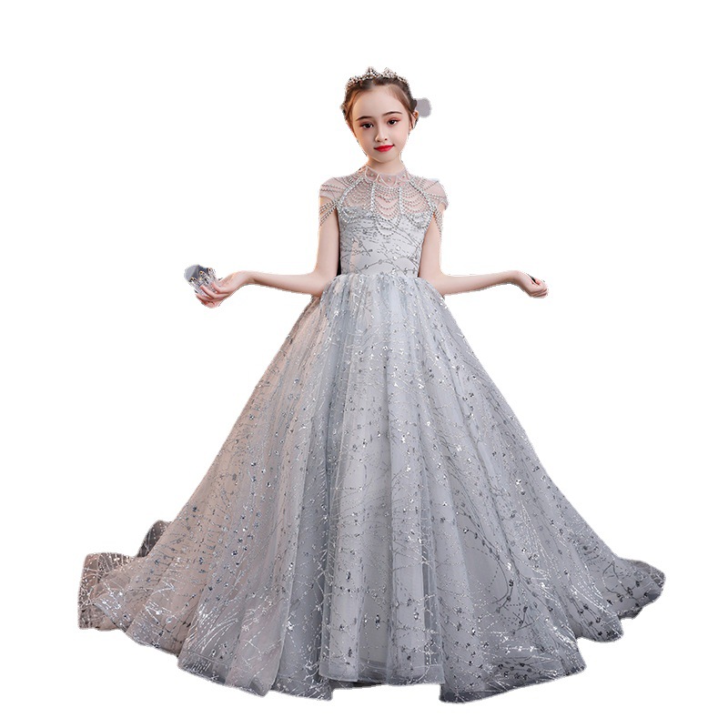 Sliver Vintage Flower Girls' Dresses Ivory Baby Infant Toddler Baptism Clothes with High Neck Long Lace Tutu Ball Gowns Birthday Party Dress