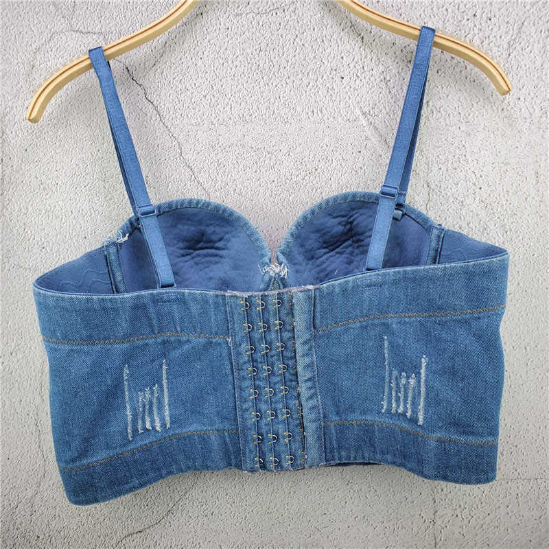 Women Denim Caims Bustier Bra Cropped Top Sexy Vest Diamond Push Up Crop Tank Clothes Adjustable 210527