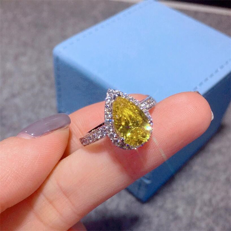 Sterg Sier Wedding Rings Set: Yellow Water Drop CZ Eternity Bridal Ring