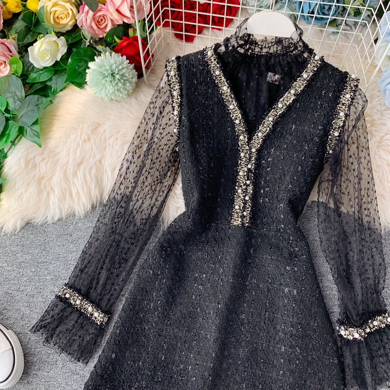 New design womens turtleneck gauze lace long sleeve shirt and v-neck beading tweed woolen a-line tank dress 2 pcs suit