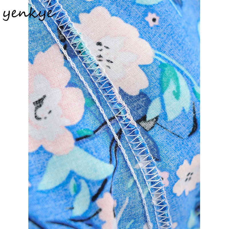 YENKYE Blue Floral Print Holiday Beach Dress Women Sexy V Neck Sleeveless Vestido Mujer High Waist A-line Casual Summer Dress 210515