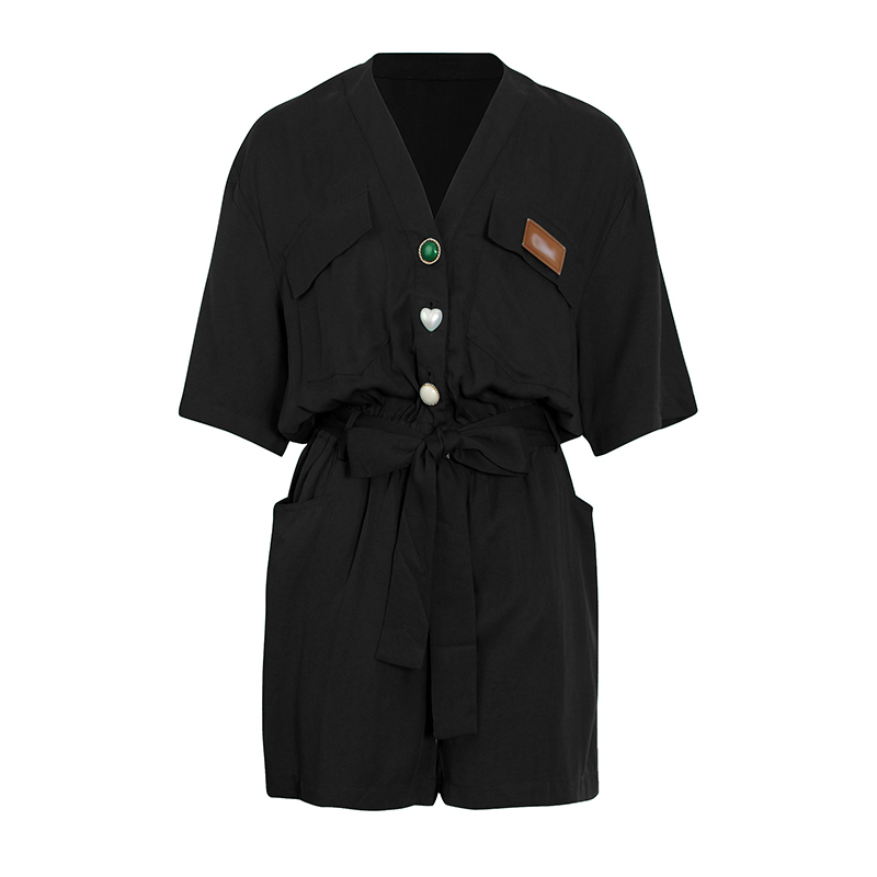 Casual Khaki Lace Up Bowknot Playsuit For Women V Neck Short Sleeve High Waist Loose Playsuits Female Clothing 210521