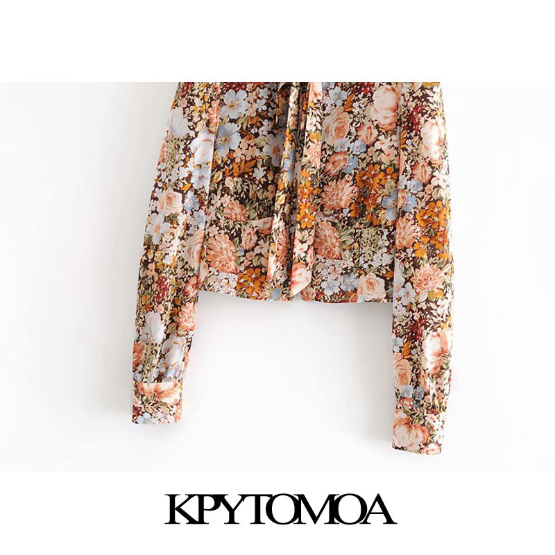 Women Fashion With Bow Tied Floral Print Cropped Blouses Long Sleeve Button-up Female Shirts Chic Tops 210420