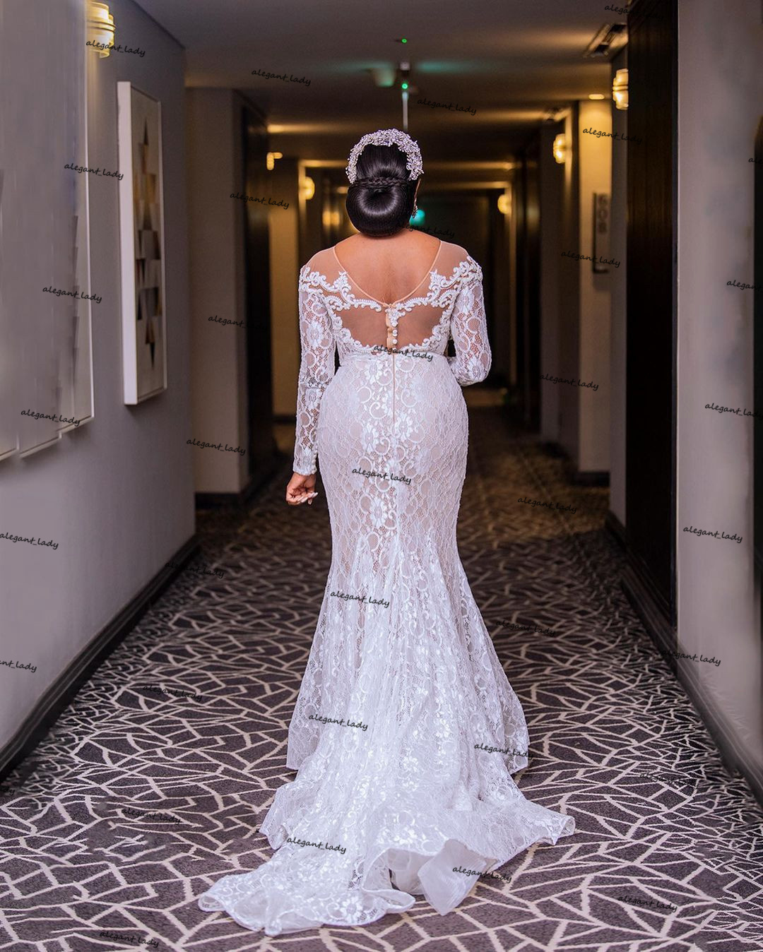 Aso Ebi arabic Wedding Dresses with Long Sleeve 2021 Full Lace Plus Size Champagne Lining African Mermaid Bridal Gowns Robes