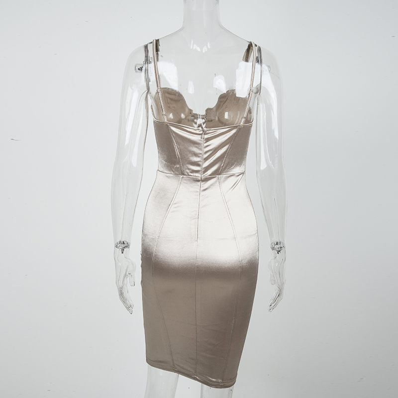 NewAsia Corset-style Lace Up Club Dress Women Summer Sexy Padded Bra Satin Dress Woman Party Night Elegant Dress Champagne 210409