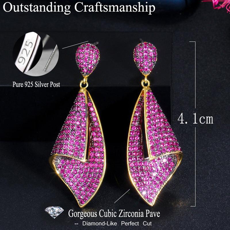 Pera Luxury Quality Rose Red CZ Zircon Elegant Conch Shape Dubai Gold Drop Earrings For Women Wedding Party 925 Jewlery E545 Dangl
