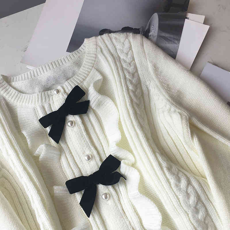 Women Autumn Winter Fashion Bowknot Weave Pearl Buttons Cardigan Sweater Long Sleeve Knitted Outerwear Coat 210506