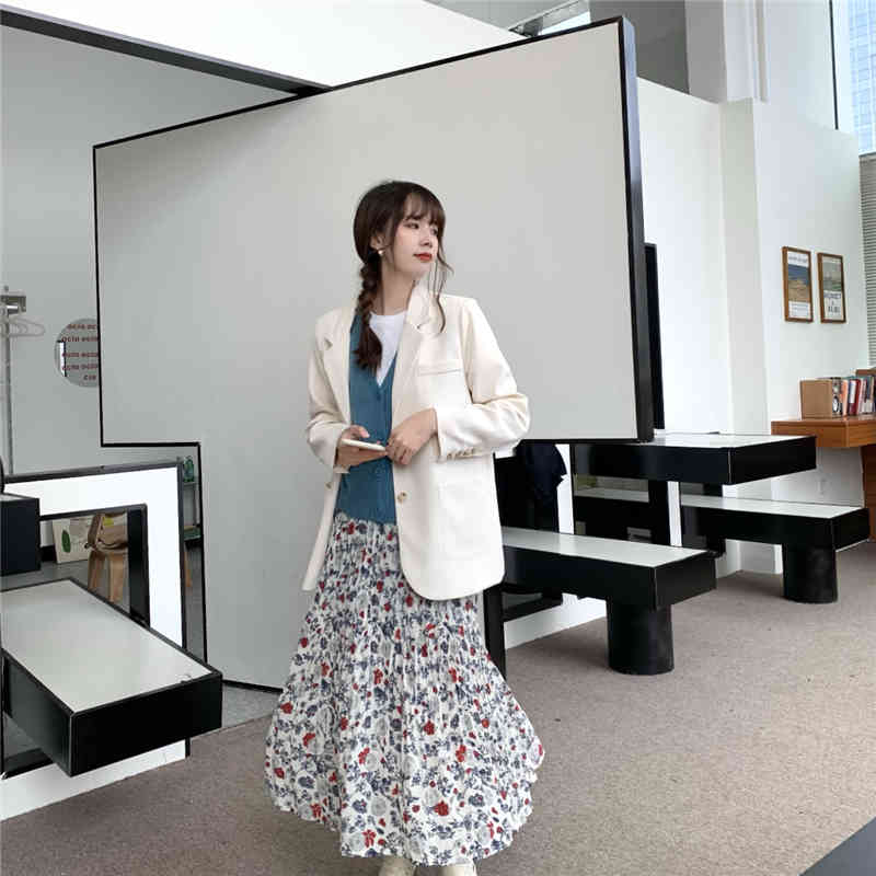 Flowers Gentle Vintage All Match OL Pleated Elegance Retro Printed High Street Women Florals Waist Long Skirts 210421