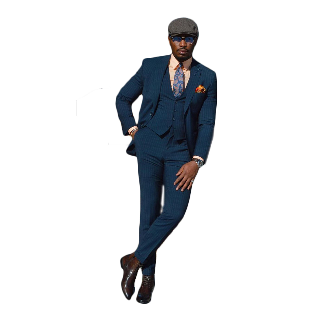 3 Piece Handsome Striped Customized Wedding Tuxedos Slim Fit Two Button Jacket Pants Suits Business Party Prom Blazer