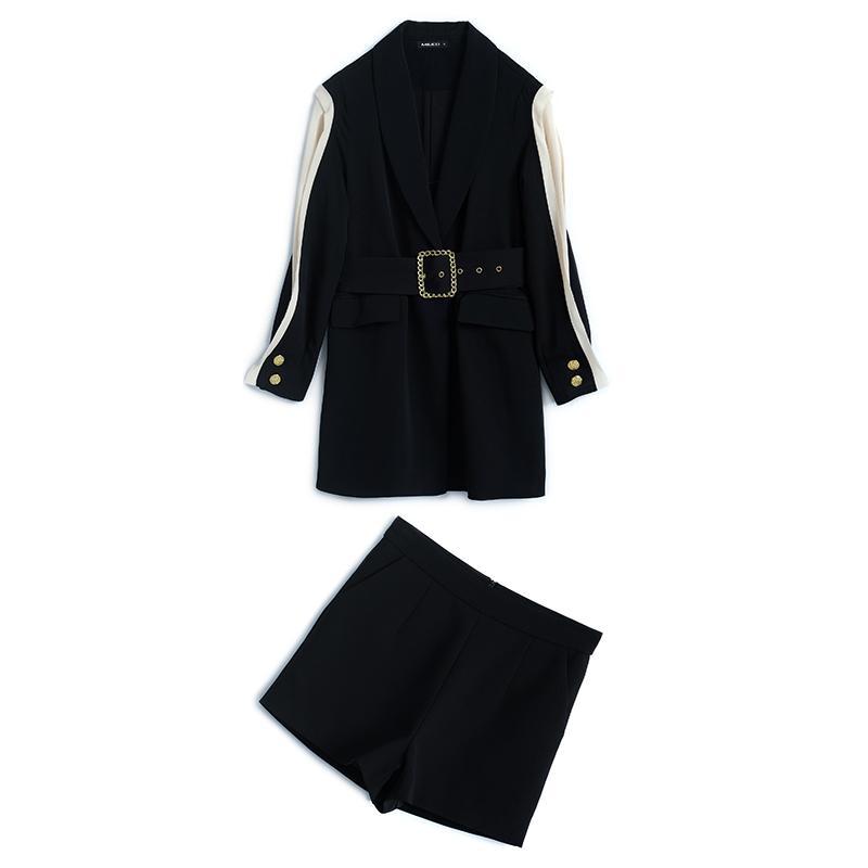 Fashion Contrast Stitching Waistband Waist Hugging Long Blazer + High-Waisted Shorts Suit, Female 2021 Early Autumn Women's Tracksuits
