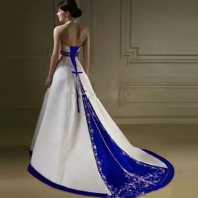 Vintage Ivory and Royal Blue Burgundy Satin A Line Wedding Gowns Dress Halter Neck Open Back Lace Up Court Custom Made Embroidery Wedding Bridal Dress