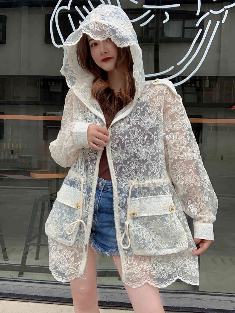 European Style Loose Long Lace Jacket Women Summer Drawstring Waist Embroidered Hollow Zipper Casual Coat With Hood 210506