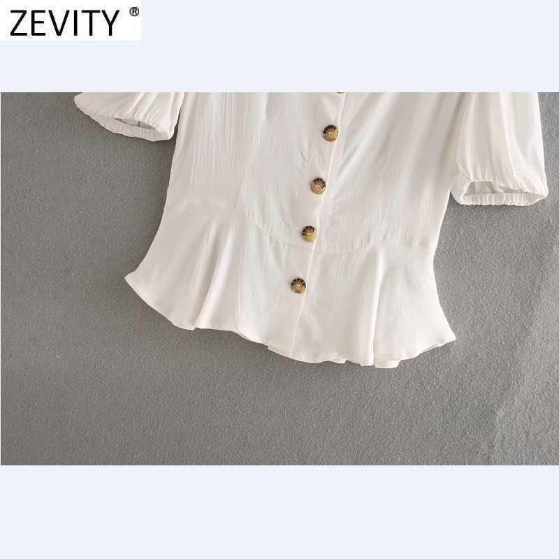 ZEVITY Women Vintage Square Collar Puff Sleeve Solid Hem Ruffles Blouse Prairie Female Breasted Shirt Chic Blusas Tops LS9312 210603