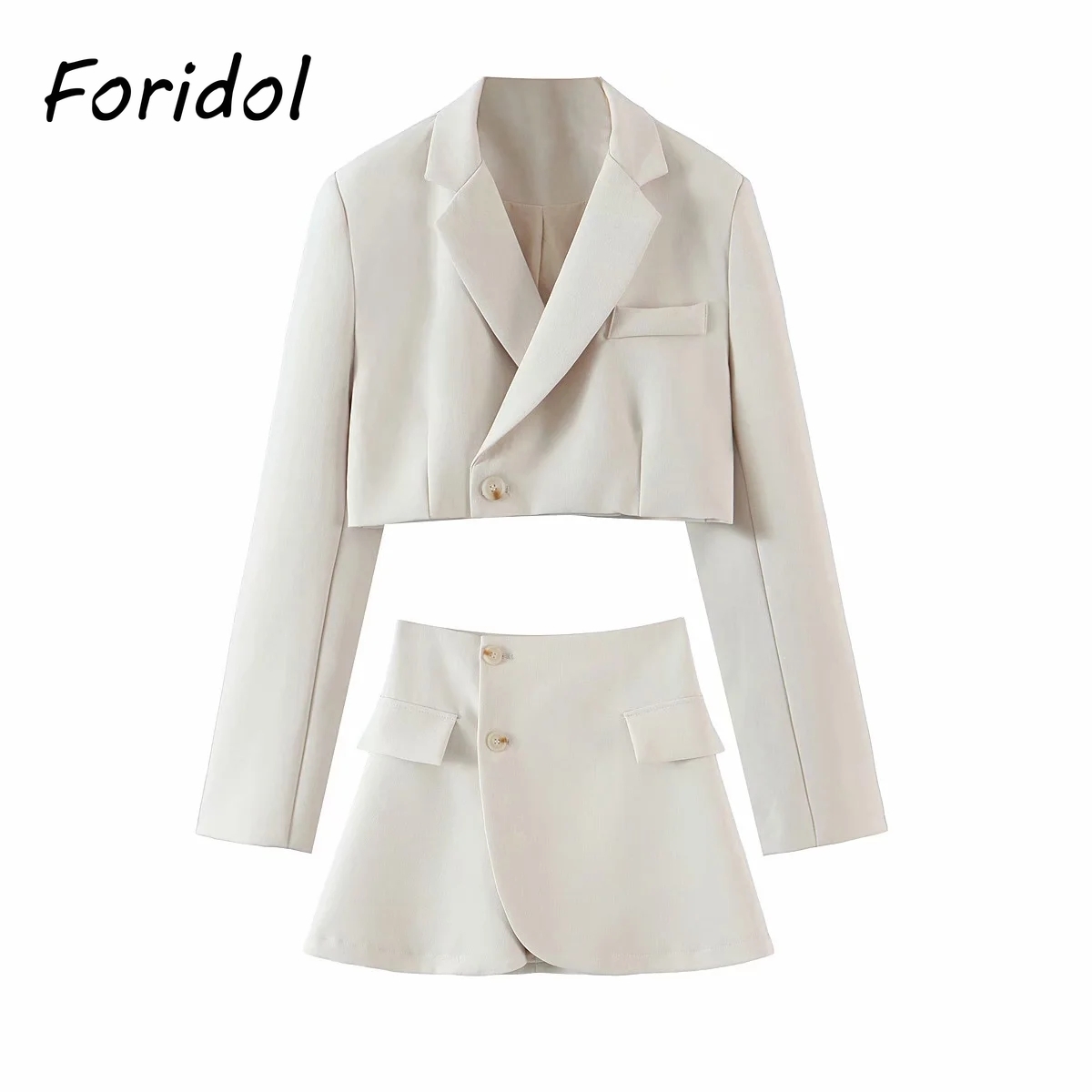 Foridol High Fashion Blazer Dress Sets Women Two Pieces Top Skirt Suits Ladies Chic A-line White Dress Sets Spring Autumn 210415